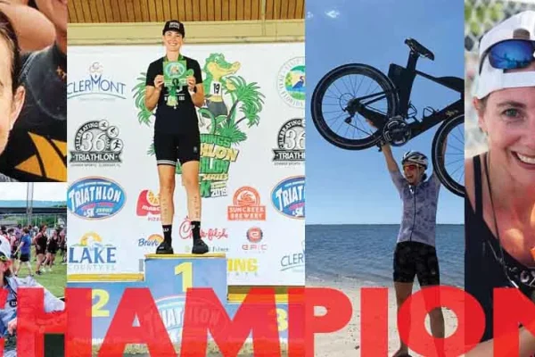 Heather McHugh in a collage of triathlon and race photos with the word Champion