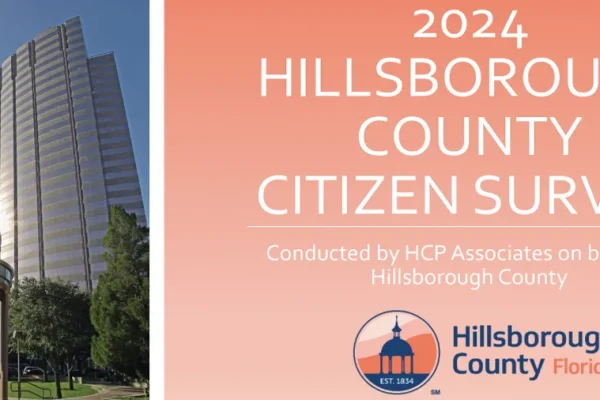 Hillsborough County 2024 Citizen Survey graphic with a gazebo and tower photo