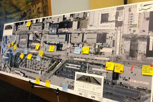 First community meeting for the Channelside Drive Project, with an aerial map covered in sticky notes