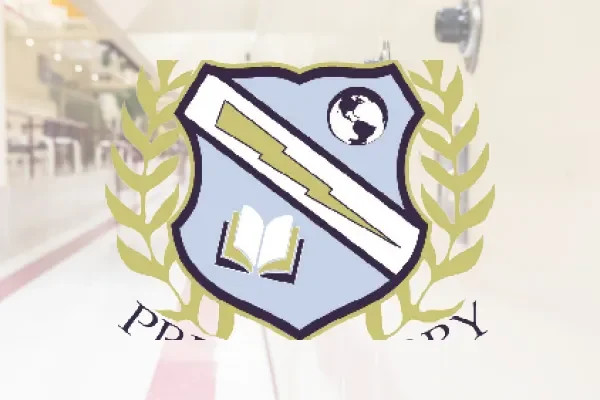 Lutz Preparatory School shield crest over a faded hallway photo
