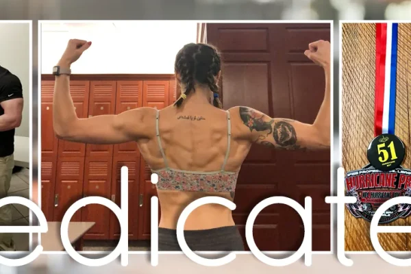 Fitness collage with the word Dedicated across photos of a woman posing and a medal