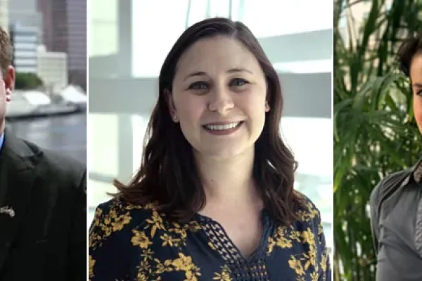 Three headshots of new team members: a man in a suit and tie and two women