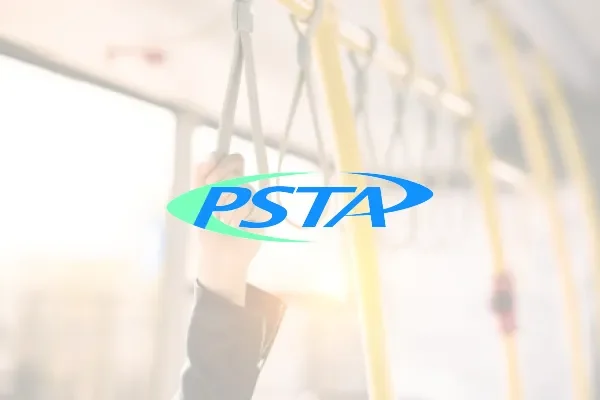 PSTA logo over a faded photo of bus handrails and straps
