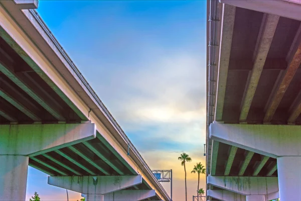 Elevated highway overpasses against a colorful sky with palm trees
