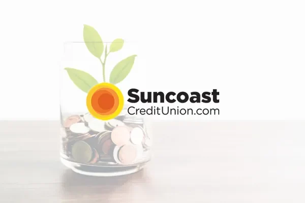 Suncoast Credit Union logo beside a jar of coins with a sprouting plant