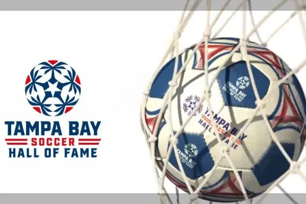 Tampa Bay Soccer Hall of Fame logo beside a soccer ball in a net