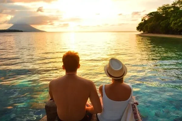 Couple sitting at the water's edge watching the sun set over a tropical bay