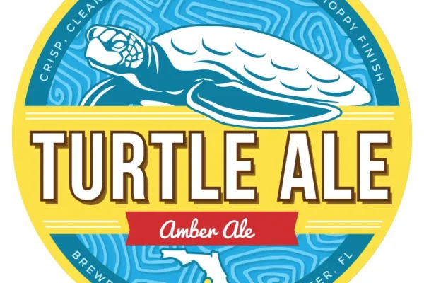 Turtle Ale Amber Ale round label with a sea turtle, brewed locally in Clearwater, FL