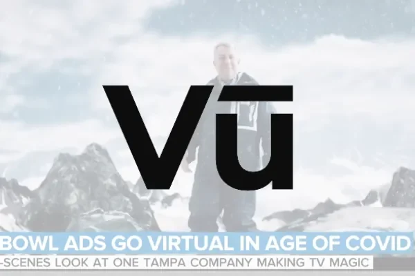 Vu logo over a faded NBC TODAY still of a person on a virtual snowy mountain