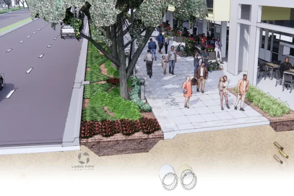 Illustration of a complete street cross section with trees, bike lane and people walking