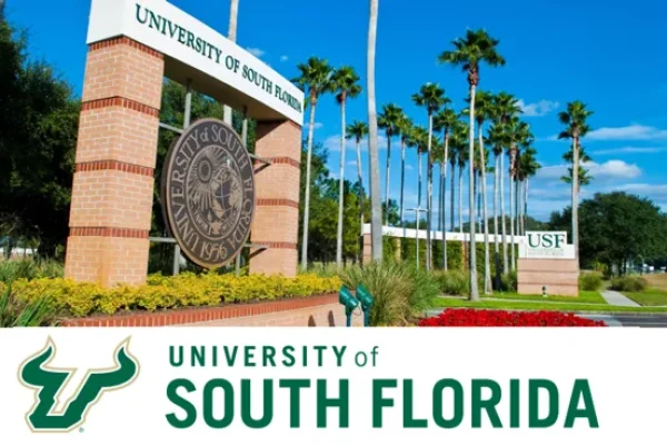 University of South Florida logo beneath a photo of the campus entrance sign and palm trees