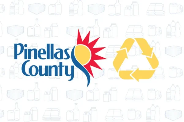Pinellas County logo with a yellow recycling symbol over a faded pattern of recyclable items