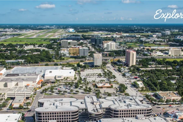 Aerial view of the Westshore district in Tampa with Explore Westshore text