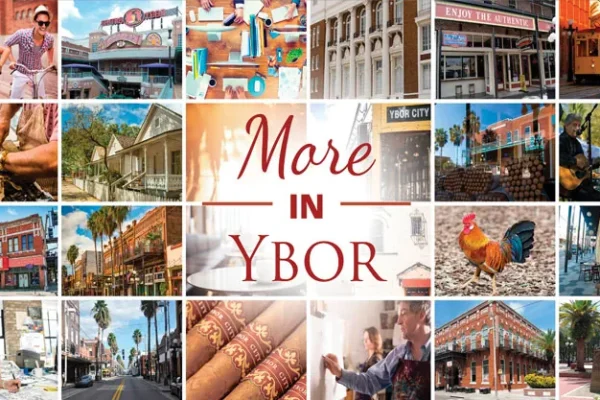 Photo grid titled More in Ybor showing people, streets, architecture, cigars and wildlife of Ybor City